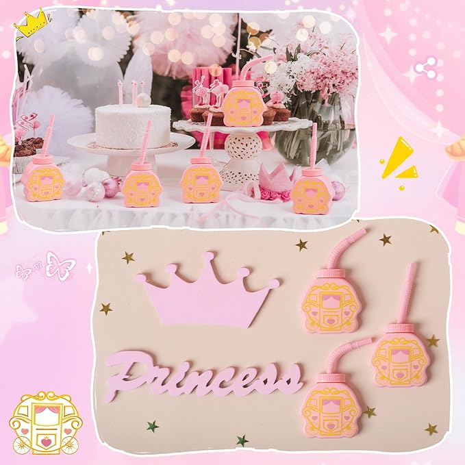 12 Set Princess Carriage Cups with Straws and Lids, Pink Princess Birthday Party Supplies 10 oz Plastic Reusable Carriage Cups for Girl Themed Birthday Party Favor