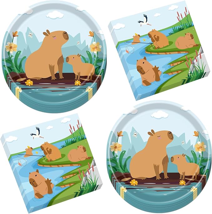 Rakuto Capybara Birthday Party Decorations - 50PCS Disposable Capybara Plates and Napkins Decor, Cute Animals Themed Dinnerware Set Party Favors Tableware Supplies Serve 25