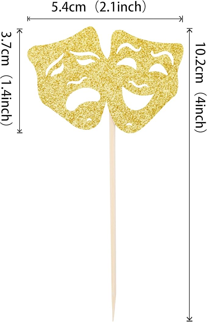 24 PCS Theatrical Mask Cupcake Toppers Gold Glitter Comedy Movie Night Cupcake Picks Film Festival Theme Birthday Party Cake Decorations Supplies
