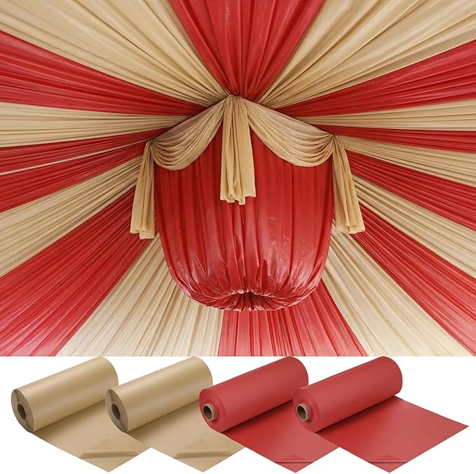 Moukeren 40'' x 100' Circus Tablecloth Roll Plastic Tablecloth Disposable DIY Carnival Tent Party Supplies for Big Top Tent Backdrop Curtains Ceiling Wall Drapes (Beige, Red,4 Roll)