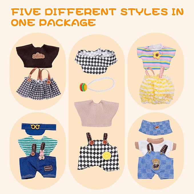 17cm Doll Clothes 5 Sets, Hat & Overalls Dress Up Outfit Compatible for Labubu 17cm 15cm Accessories, No Doll Included