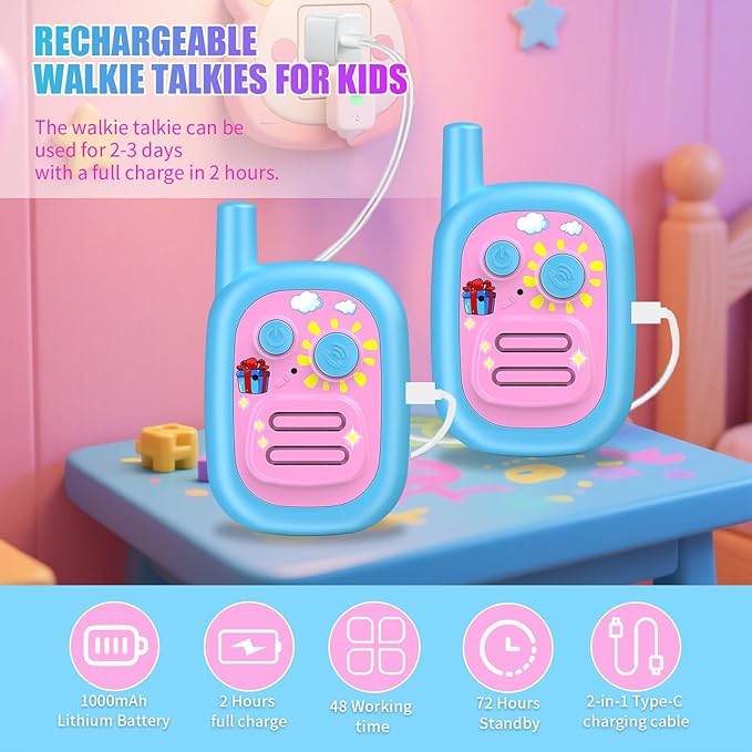 Walkie Talkies for Kids 2 Pack Rechargeable with 3 Miles Long Range, Toddler Walkies Talkies Pink Bule Toys Birthday for 3-8 Years Old Boys Girls for Outdoor Games Camping Hiking