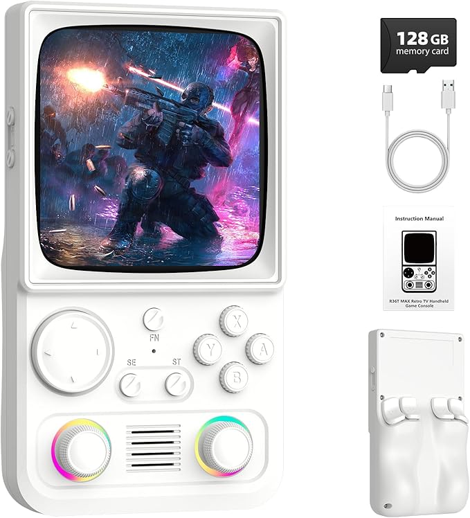 R36TMAX Retro Handhled Game Console, 4.0 Inch Retro Gaming Console with 4000mAh Battery (128GB-White)