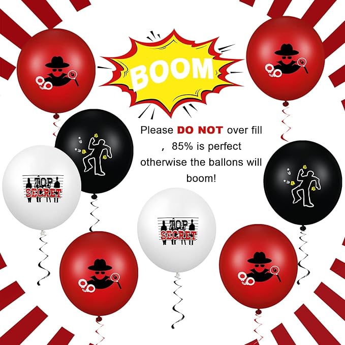 Liliful 60 Pcs Top Secret Spy Theme Balloon Detective Decoration Latex Red and Black Balloons Agent Spy Party Decorations Detective Themed Birthday Party Supplies(Classic)