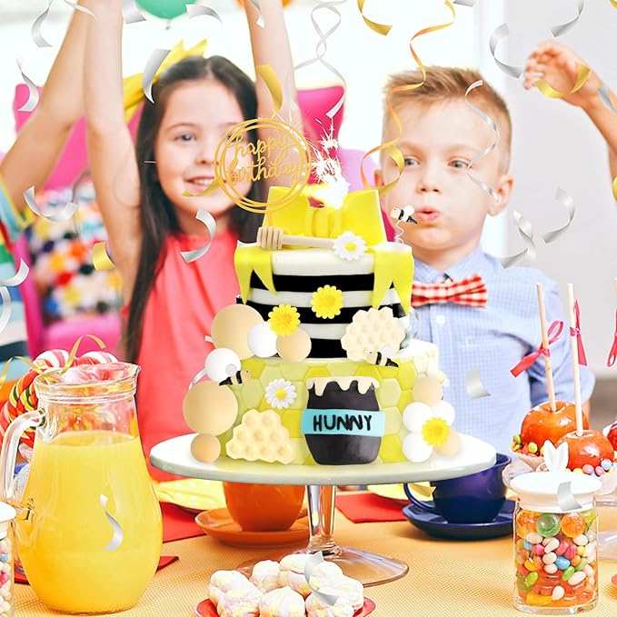 Hooqict 33 Pcs Bee Cake Decorations with Mini Honey Jar, Honeycomb, Honey Sticks, Bee Cake Toppers for Kids Boys Girls 1st 2nd 3rd Birthday Party Decorations Baby Shower