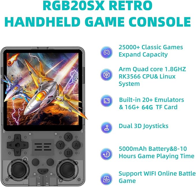 RGB20SX Retro Handheld Game Console Portable Retro Video Console with 4.0 Inch IPS 720*720 HD Screen 5000mAh Battery Retro Portable Gaming Console (Translucent Black)