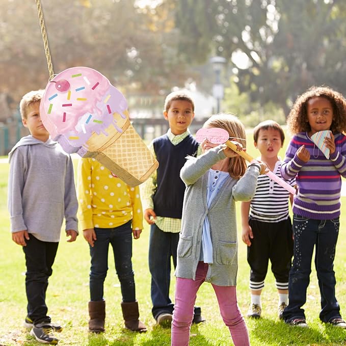 Capoda Pink Ice Cream Piñata Cute Dessert Cone Shaped Piñata with Stick Blindfold for Ice Cream Candy Birthday Party Summer Baby Shower Wedding Party Supplies Decor, 15.8 x 9.5 Inch