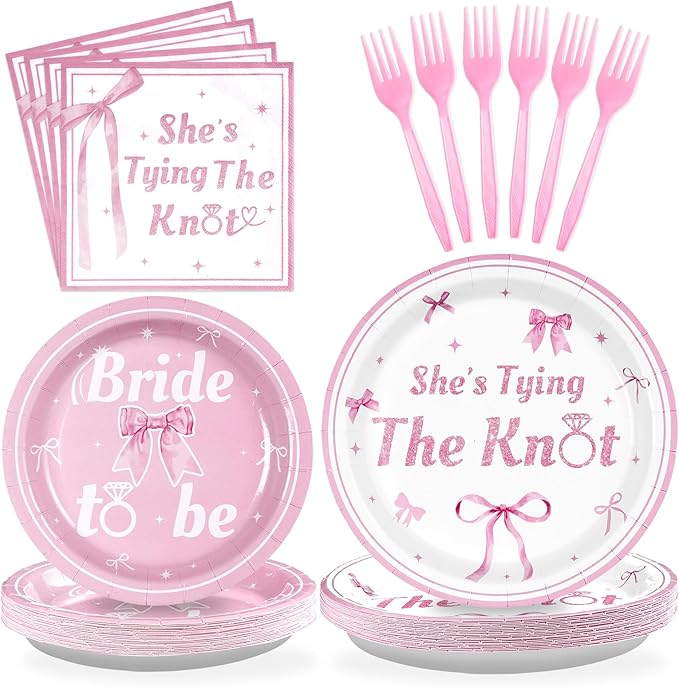 Grencian 96Pcs Pink Bow Bridal Shower Decorations Pink Bow Bride to Be Party Plates She's Tying The Knot Paper Tableware for Wedding Engagement Bride Groom Bachelorette Party Supplies, Serves 24