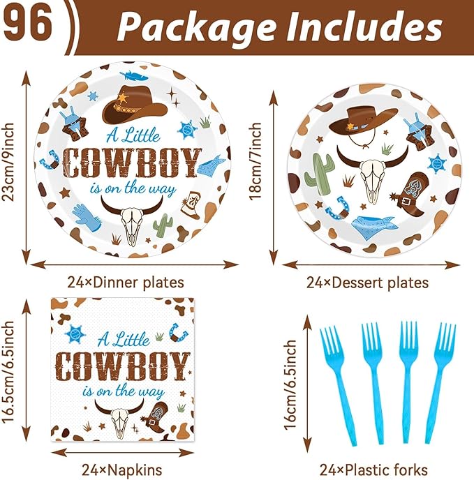gisgfim 96Pcs Cowboy Baby Shower Plates and Napkins Party Supplies Western Cowboy Party Birthday Tableware Set A Little Cowboy is on the Way Party Decorations for Boy Baby Shower Serves 24