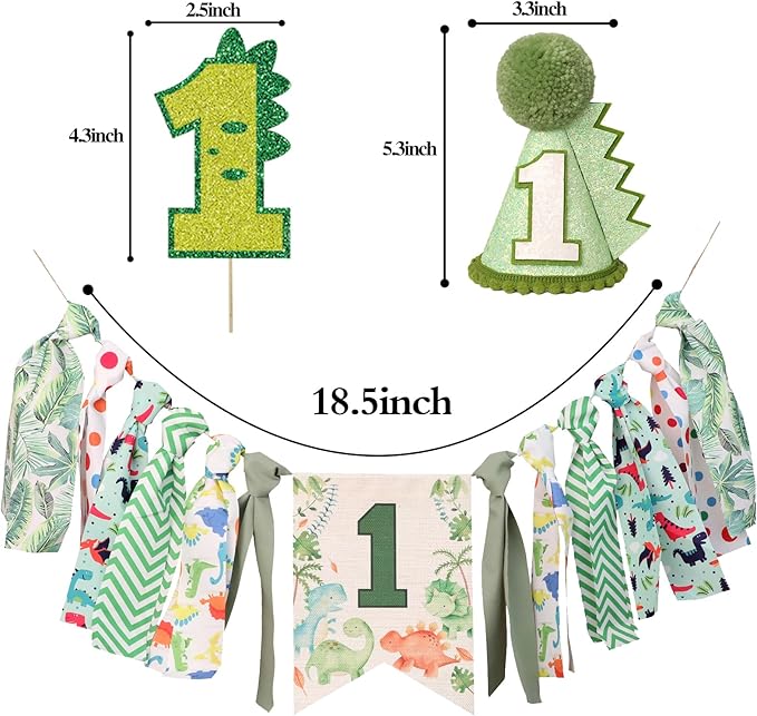 Dinosaur Theme 1st Highchair Banner Tassel Garland Dino Conical Cap Cake Topper Green First Dinosaur Birthday Decorations