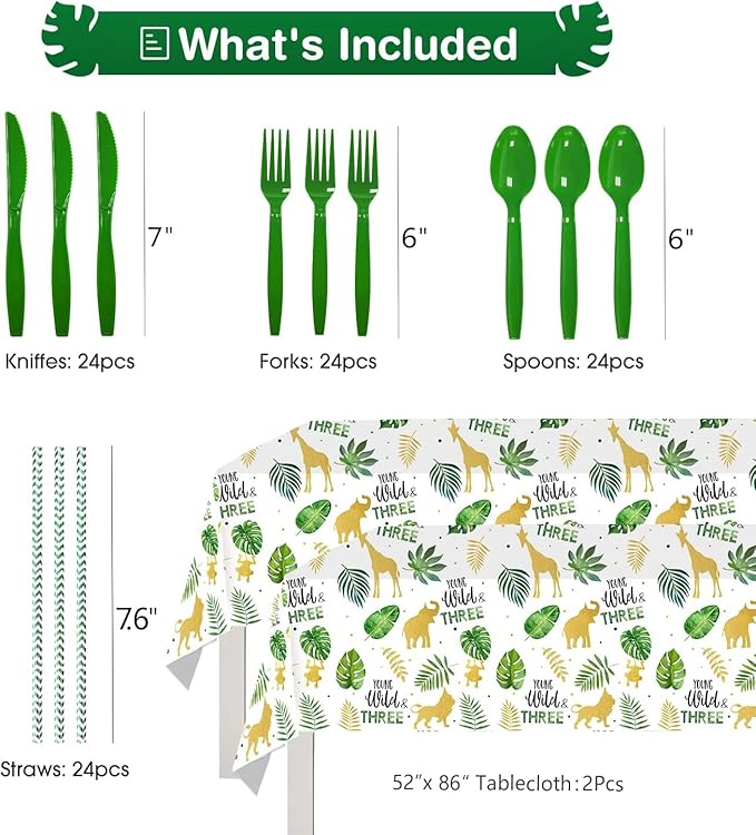 Young Wild And Three Decorations Tableware, Safari Jungle Theme 3rd Birthday Party Supplies Dinnerware Include Plates, Cup, Napkin, Cutlery, Tablecloth, For 3 Year Old Birthday Party | Serves 24
