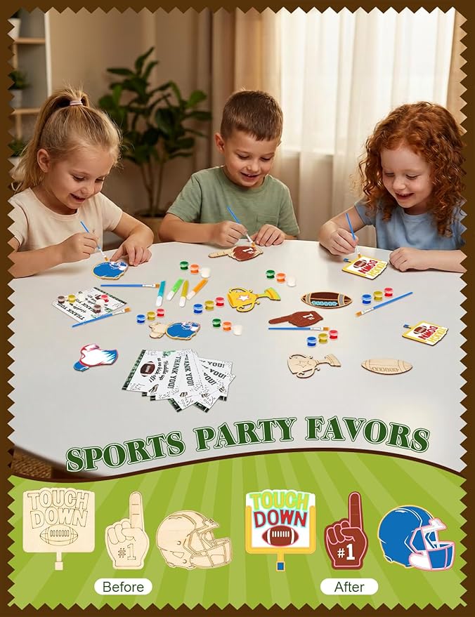 24 Set Football Party Favors - Football Birthday Party Supplies - Non-Toxic DIY Wooden Paint Crafts - with Magnet Luminous Pen - American Rugby Birthday Goodie Bags Gifts Prizes for Kids Boys Toddler