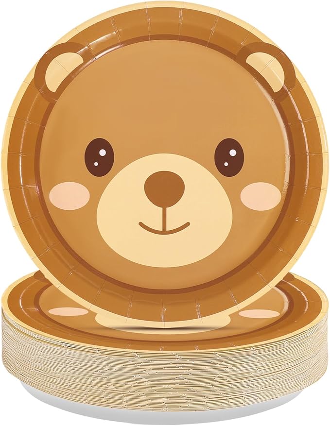 50Pcs Bear Baby Shower Paper Plates 9 Inch Heavy Duty Disposable Brown Bear Birthday Party Decorations for Boys Girls Baby Shower Gender Reveal Fall Holiday Wedding Birthday Party Supplies