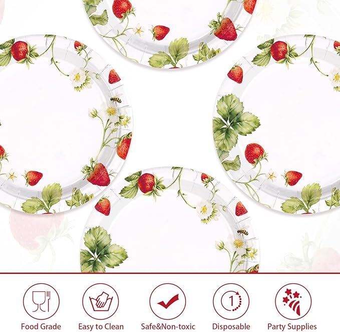 50Pcs Strawberry Paper Plates 10 Inch Heavy Duty Disposable Strawberry Birthday Party Decorations Spring Sweet Fruit Themed Plates for Girls Spring Wedding Picnic Birthday Dinner Party Supplies