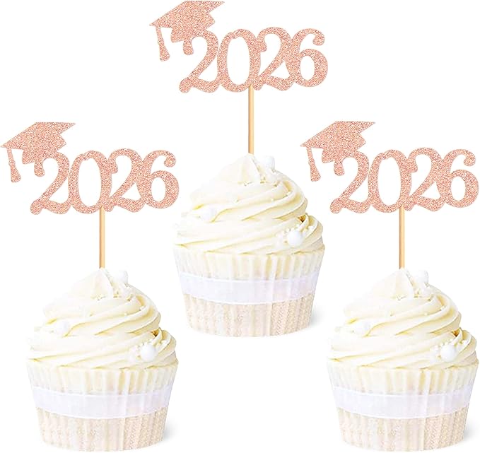 24 Pcs graduation cupcake toppers 2026, Food/Appetizer Picks For Graduation Party Mini Cake Decorations, 2026, Cupcake Toppers(Rose gold)