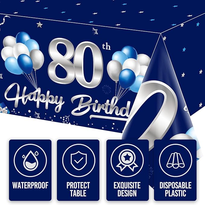 3 Pack Blue Silver 80th Birthday Tablecloth Decorations for Men, Navy Blue Happy 80 Table Cover Party Supplies, Eighty Years Birthday Disposable Rectangular Table Cloth for Indoor Outdoor