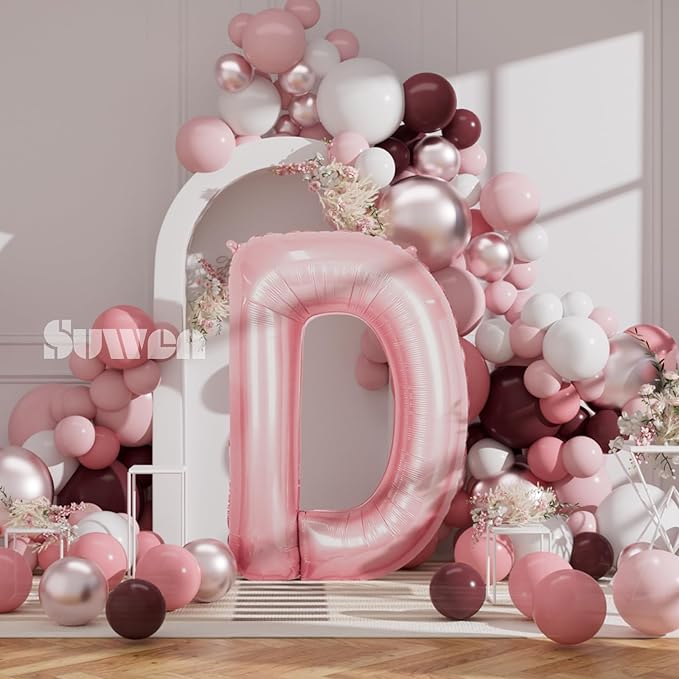 SUWEN 40 Inch Pink Large D Letter Balloons Big Foil Helium Letter Balloons A-Z Jumbo Mylar Happy Birthday Party Decorations for Girl Anniversary Party Supplies