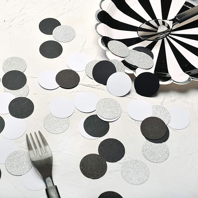 Glitter Confetti Circle Dots for Table Wedding Birthday Party Decoration, 1.2 inch in Diameter (silver glitter,black,white,200pc)