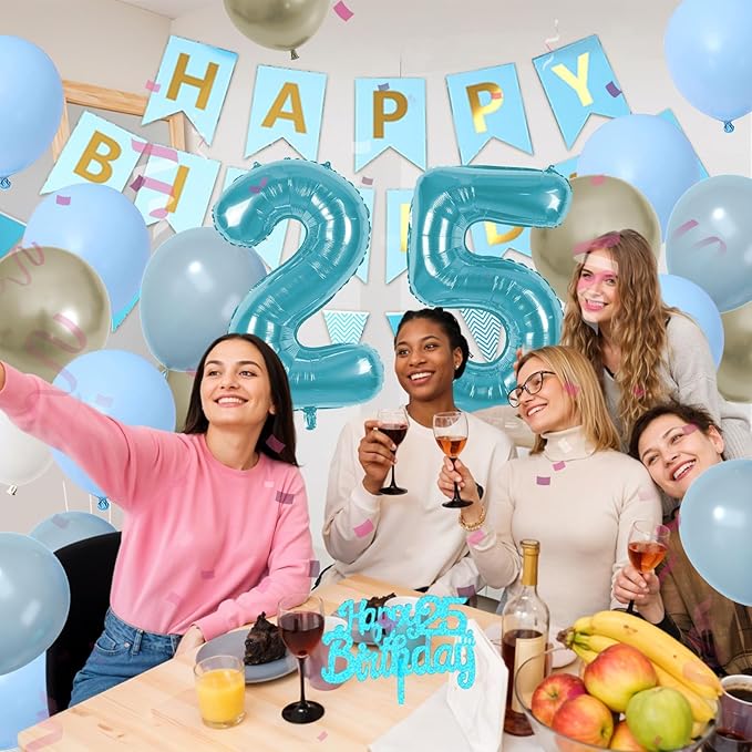 25th Birthday Decorations, Blue Happy Birthday Party Decorations With Teal Blue Number 25 Balloons Dusty Macaron Blue White Balloons Fringe Curtain Banner Cake Topper For Man Woman Party Supplies