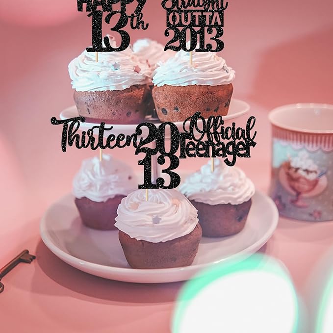 30PCS Black 13th Birthday Cupcake Toppers Glitter Thirteen Happy 13th Straight Outta 2012 Cupcake Picks for Cheers to 13 Years Birthday Anniversary Party Decorations Supplies