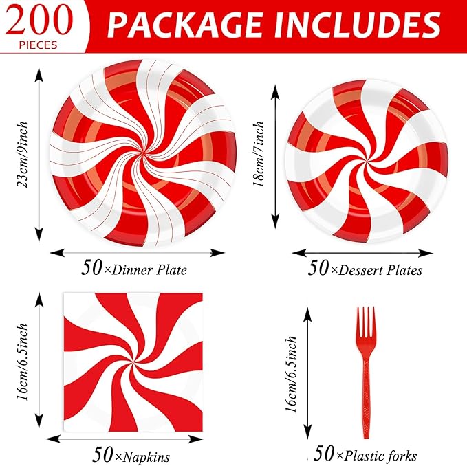 50 Guests Christmas Candy Cane Plates and Napkins Party Supplies Peppermint Party Decorations Disposable Tableware Set Red and White Striped Dinnerware Favor for Holiday Xmas Theme Party, 200PCS