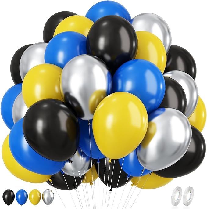 Balloons Blue Yellow and Black 60 Pcs, 12 Inch Dark Blue Yellow and Black Latex Balloons with Metallic Silver Balloons for Boys Police Robots Bat Hero Birthday Graduation Halloween Party Decorations
