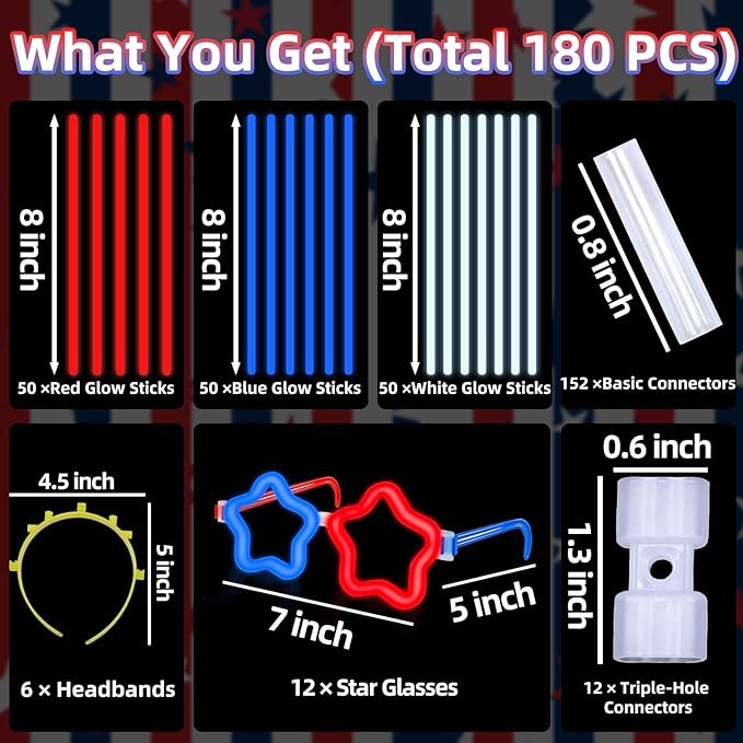 180 Pcs 4th of July Light Up Party Favors,12 Red White Blue Star Glasses 6 Headbands 12 Bracelets 150 Patriotic Glow Sticks Bulk with Connectors Glow in the Dark Party Supplies 250th Anniversary USA