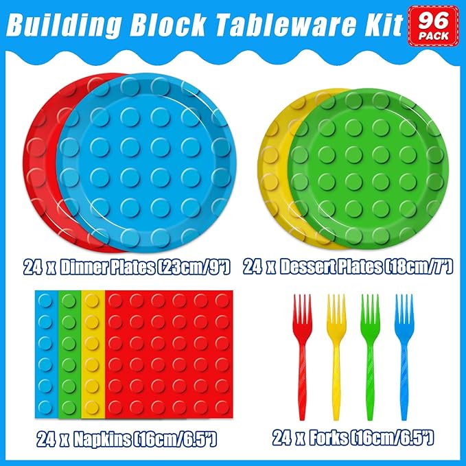 96 Pcs Building Block Party Supplies, Building Bricks Plates and Napkins Set Building Block Themed Dinnerware for Birthday Party Decorations, Serves 24