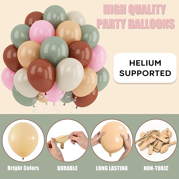 Sage Green Pink Balloons 12inch Dusty Green Pink Brown Balloon for Wild One Girls Birthday Safari Jungle Party Decorations Fog Green Beige Nude Blush Coffee Brown Latex Helium Balloon for Arch