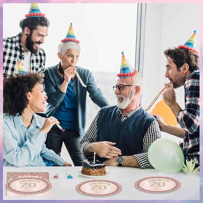 40Pcs 70th Birthday Decorations for Women Rose Gold 70 Year Old Birthday Decorations Include 70th Birthday Paper Plates and Napkins Set,1956 Disposable Tableware Party Supplies Kit For Girl Ladies