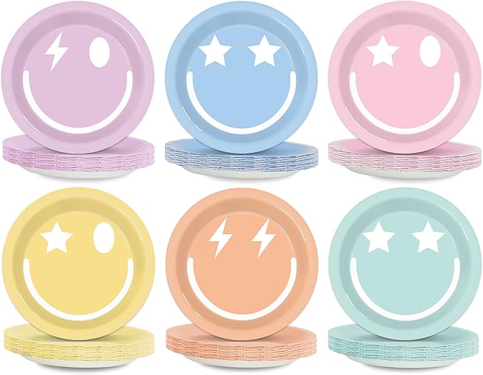48Pcs Pastel Smile Face Party Supplies Pastel Smile Face Paper Plates 7" Colorful Preppy Dessert Plates Preppy Party Decorations for Kids Birthday Baby Shower Favors Serves 48 Guests