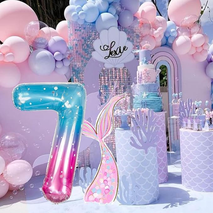 40 Inch Balloon Number 7 Mermaid, Large Mylar Foil Blue Pink Starry Number Seven Balloons Set for Girls Women, Rainbow Globos de Numero 7 Helium Balloons for Girls 7th Birthday Party Decorations