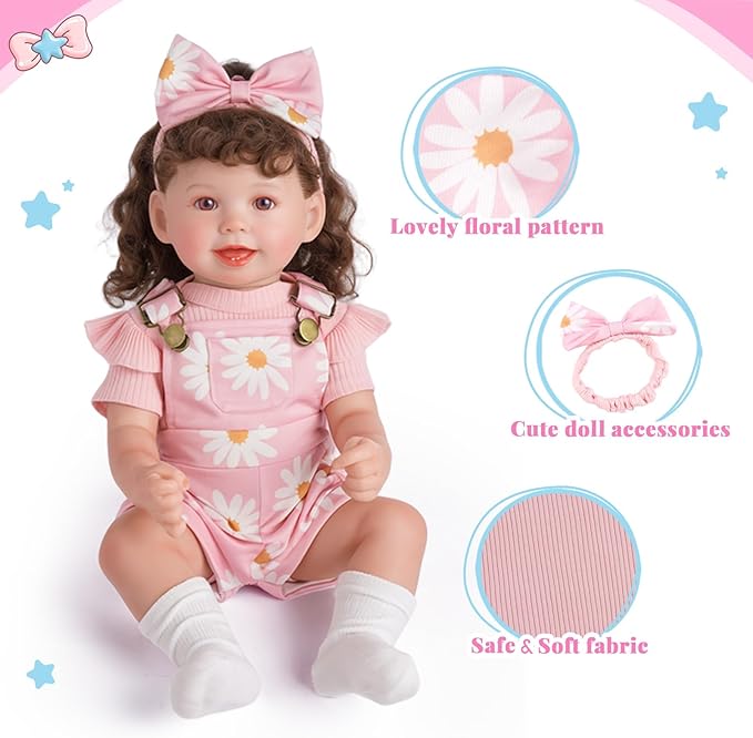 BABESIDE 4 Pcs Reborn Baby Doll Clothes for 17-22 Inch Babydolls, Cute Pink Flower Dolls Overalls Lifelike Reborn Baby Doll Accessories with Headband and Socks for Realistic Dolls Girl