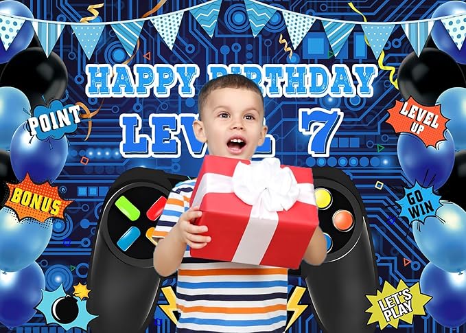 Game Theme Level 7 Birthday Backdrop Video Game Happy 7th Birthday Party Decorations Level Up Theme Boys Kids Birthday Party Supplies(7×5FT)