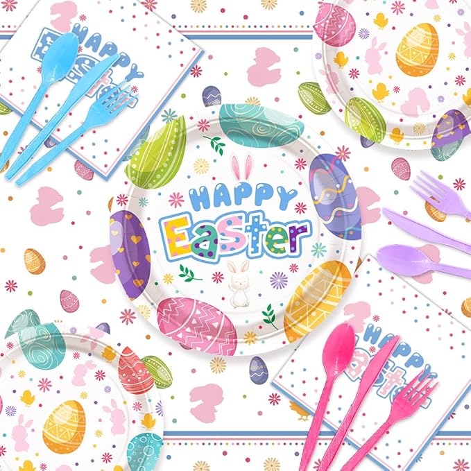 194 Pcs Easter Party Supplies Decorations Happy Easter Party Plates Napkins Decorations Bunny Egg Easter Disposable Tableware Set with Plates Napkins and Tablecloth Serves 24 Guests