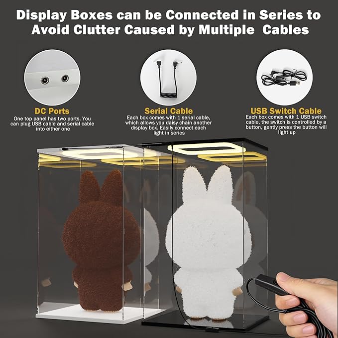 Nynelly Acrylic Display Case for Zimomo Labubu with Light, Clear Display Box for Large Collectibles Doll, Assemble Dustproof LED Showcase Storage Box with Door, 13.8x11.8x23.6in, Black