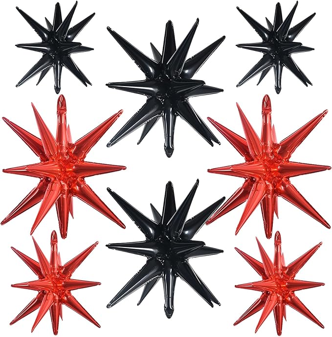 TONIFUL 8 Pcs Black Red Star Foil Balloons Large Explosion Star Mylar Decorations for Party Backdrop Christmas New Year Birthday Wedding Baby Shower Anniversary Photo Booth Supplies