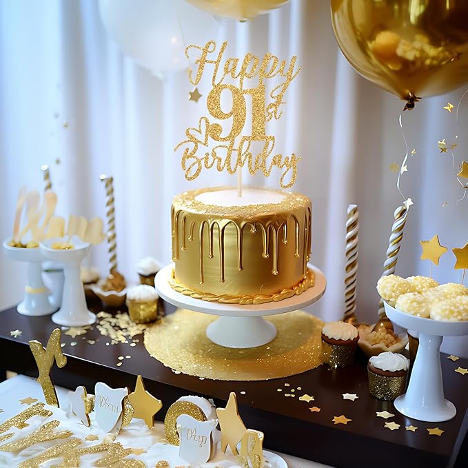 Happy 91st Birthday Cake Topper, Birthday Decorations for Men/Women, Cheers to 91 Years, Hello 91, Party Supplies Gold Glitter