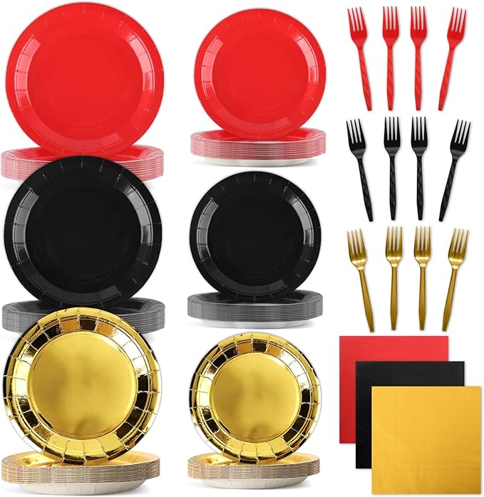 96PCS Red Black and Gold Paper Plates Napkins and Forks Black Red Metallic Gold Birthday Party Disposable Supplies Casino Theme Tableware Set for Poker Las Vegas Game Movie Night Party Decorations