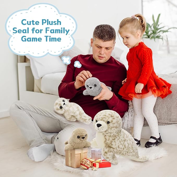 4 Pcs Seal Stuffed Animal Set, 20" Mother Plush Toy with 3 Babies in Mom's Belly, Cute Leopard Stuffed Seal Plushie for Girls Boys Kids, Kawaii Chirstmas Bithday