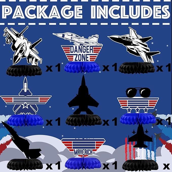 Fighter Pilot Party Honeycomb Centerpieces, 9 Pack Jet Airplane Table Decorations with Danger Zone Signs Airshow Trails Pilot Glasses, Military Jet Birthday Party Supplies for Kids Boys