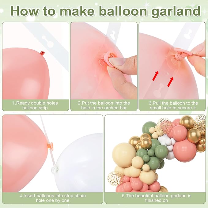 Amandir 153pcs Retro Green Pink Balloon Garland Arch Kit, Different Sizes 18 12 10 5 inch White Dusty Pink Latex Metallic Confetti Balloons for Easter Jungle Safari Woodland Birthday Party Decorations