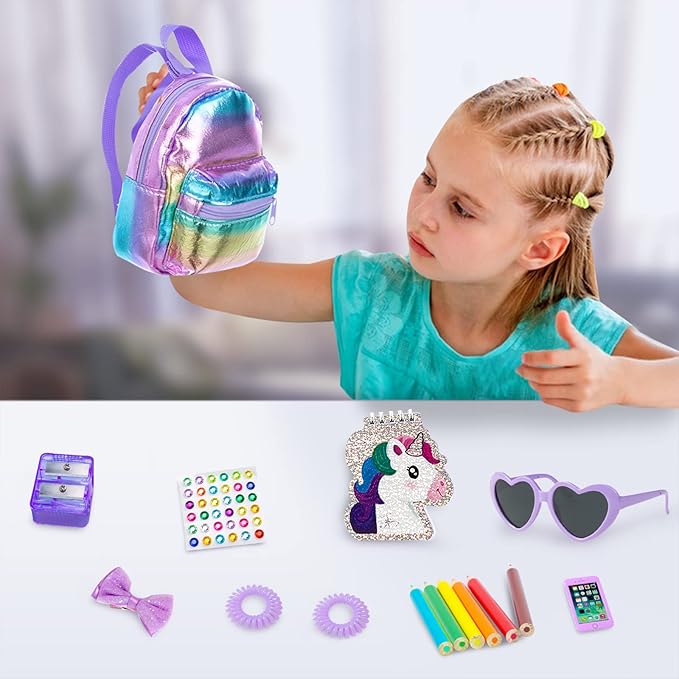 18 Inch Girl Doll Clothes and Accessories School Supplies Playset with Clothes Set, School Bags, Sunglasses, Pencils, Pencil Sharpener, Notebooks, Phone, Hair Clip, Stickers （No Dolls）
