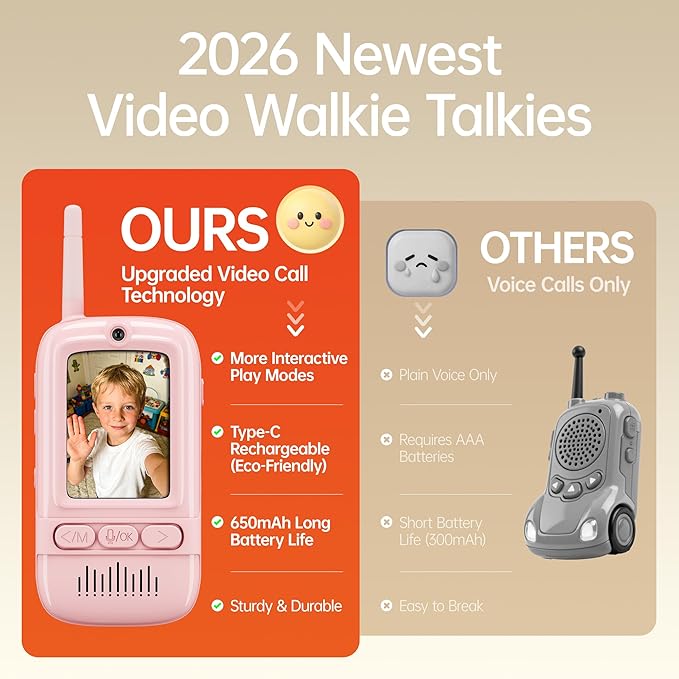 Video Walkie Talkies for Kids, Rechargeable Kids Walkie Talkies 2 Pack with Screen for Boys & Girls Ages 3-12, Birthday Christmas Toys Gifts for Family Games, Outdoor Play, Camping (Blue & Pink)