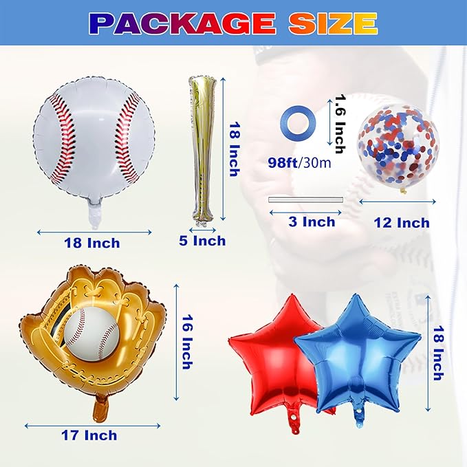 Baseball Party Balloons,Baseball Glove Jumbo Foil Mylar Baseball Bat Balloons for Birthday Sports Theme Supplies,Confetti Red and Blue white Foil Balloon for Baby Shower Party Decoration