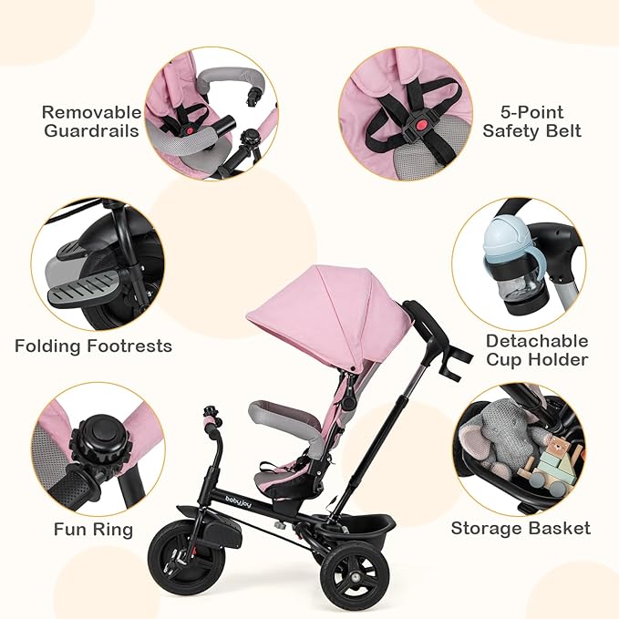 BABY JOY Tricycle, 6 in 1 Trike for Toddler w/Reversible Seat, Adjustable Canopy & Parent Handle, 5-Point Safety Belt, PU Wheels and Storage Basket, Push Tricycle for 9-60 Months (Pink)