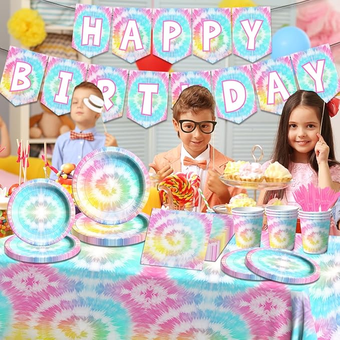 142Pcs Tie Dye Birthday Party Decorations,Colorful Birthday Party Supplies Tableware Includes Tie Dye Plates and Napkins,Cups,Tablecloth,Happy birthday Banner, Serve 20