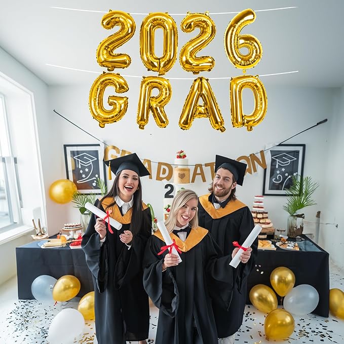 2026 Congrats Grad Balloons, 16 Inch Metallic Gold 2026 GRAD Foil Balloons Banner Sign for Graduation Decorations 2026, College High School Class of 2026 Graduate Congratulations Party Decor Supplies