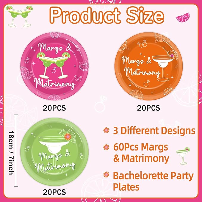 60Pcs Margs & Matrimony Bachelorette Party Supplies 7” Margarita Spring Plates Tableware Party Decorations for Birthday Bridal Shower Wedding Mexican Fiesta Dinnerware Party Favors for 60 Guest