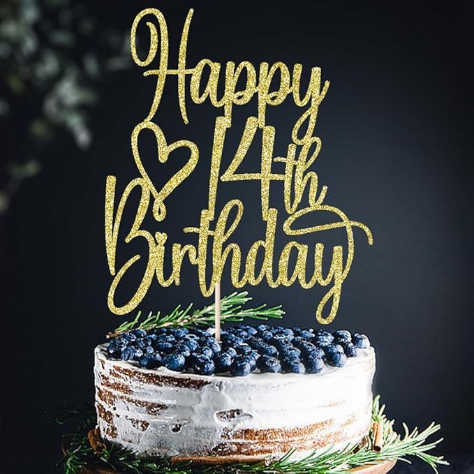 Gold Glitter Happy 14th Birthday Cake Topper - Cheers to 14 Years Cake Topper, 14 & Fabulous Cake Decoration for Hello 14th Birthday Anniversary Party Cake Decorations Supplies
